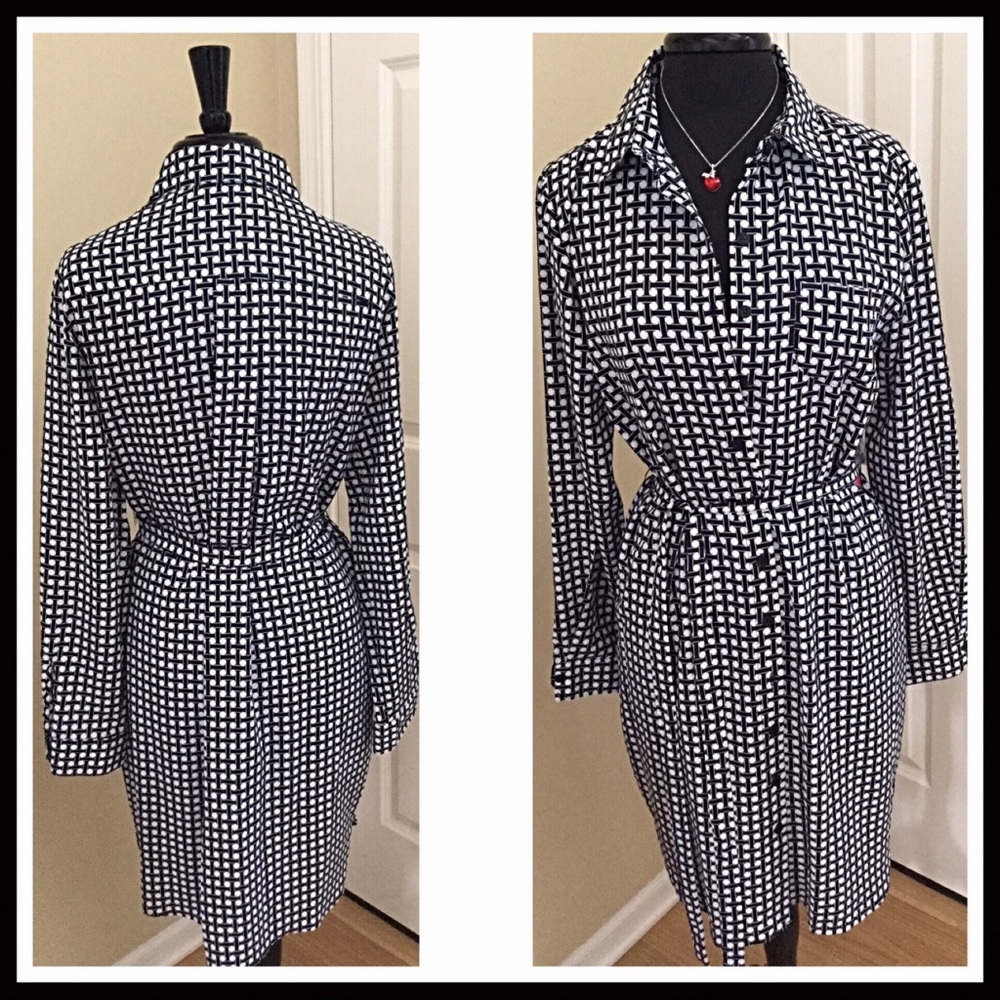 BLACK WHITE PRINT BUTTON DOWN LONG SLEEVES BUSINESS CASUAL SHIRT DRESS A3C - Picture 5 of 8